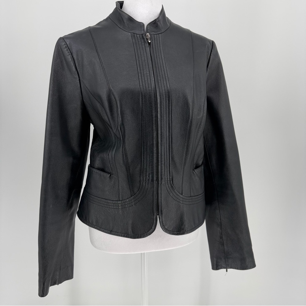 Vintage Y2K‎ Next 100% Leather Black Moto Jacket Zip Front Stand Collar